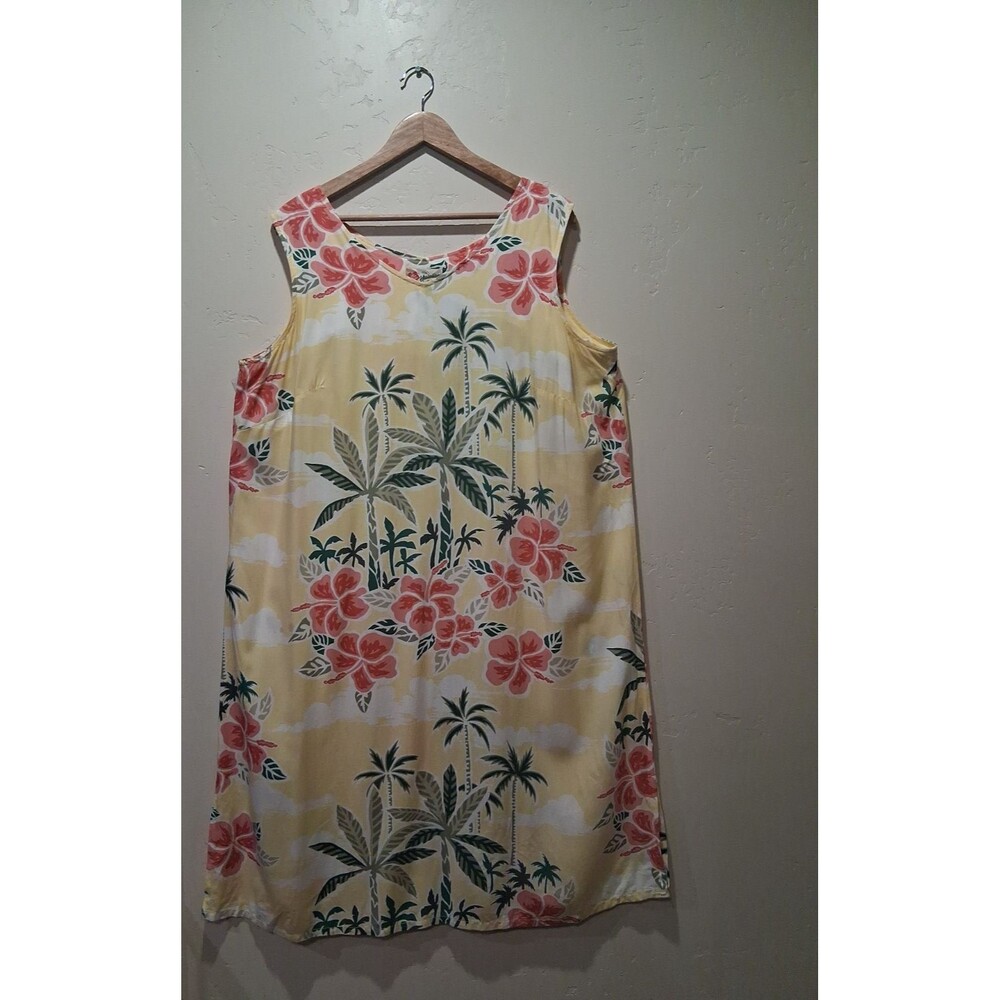 Vintage Hilo Hattie Yellow Hawaiian Hibiscus Palm Tree‎ Sheath Maxi Dress Sz 1X